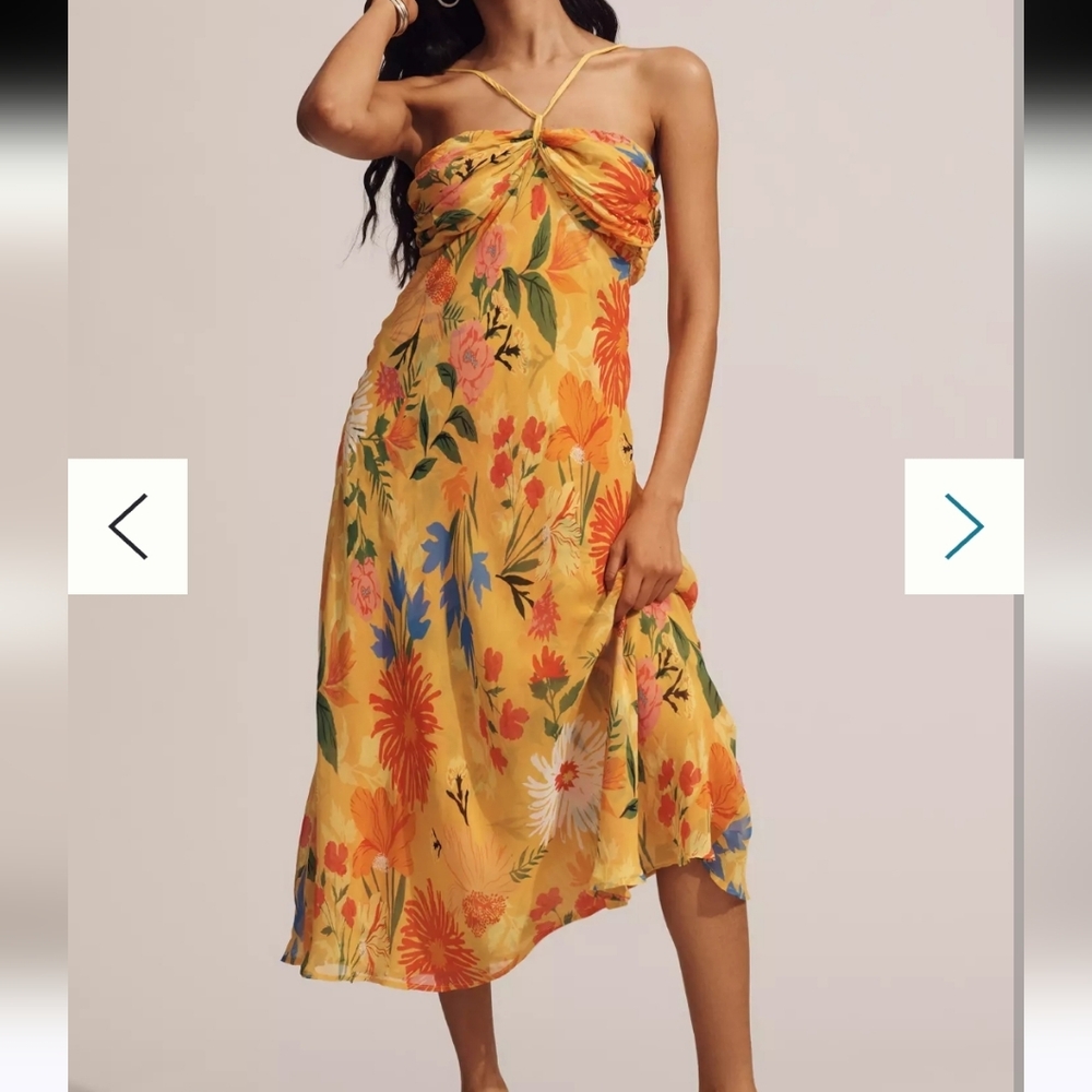 NWT By Anthropologie Halter Slip Dress yellow floral size large